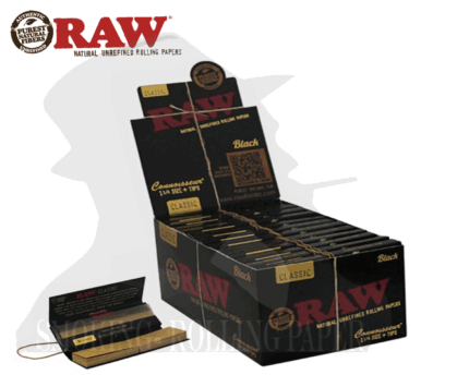 Cartine RAW Medium 1¼ Black Classic Connoisseur con Filtri in Carta – 24 Libretti,