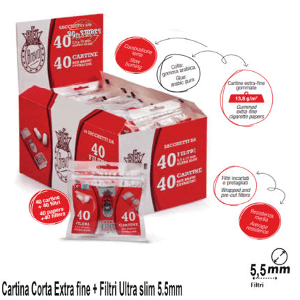 Rex Bravo cartine corte extra fine con filtri ultra slim 5.5mm confezione 40 bustine cartine + 40 filtri